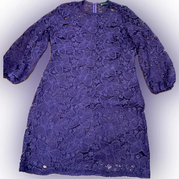 NY&C New York & Company purple floral lace dress lined Size medium long  sleeve